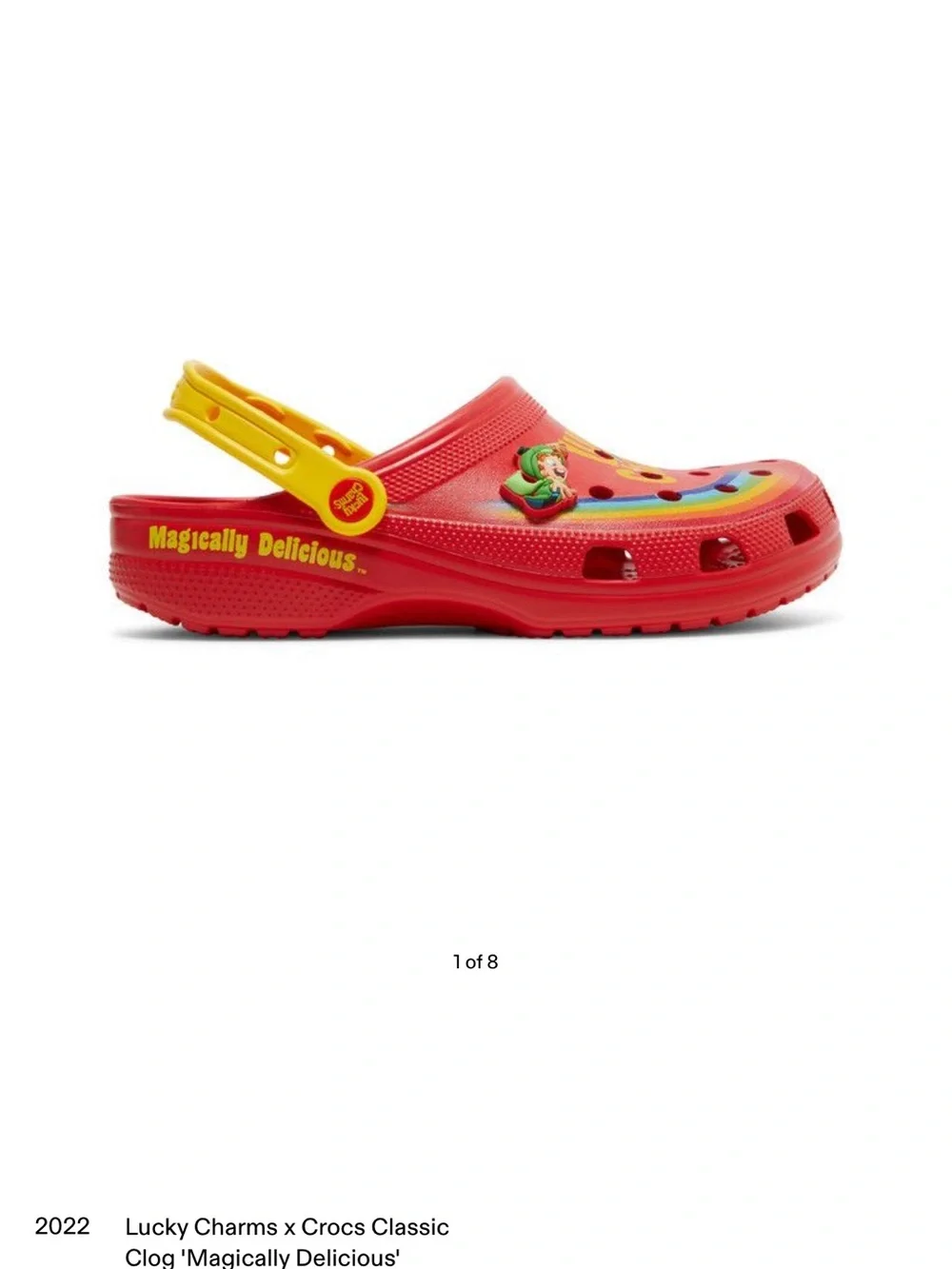 CROCS Red Clogs with Yellow Strap and Rainbow Charms